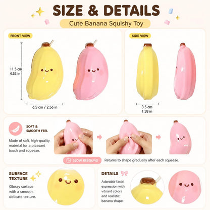 Cute Banana Squishy Squeeze Figure, Soft Slow Rising Banana Desk Companion, Kawaii Fruit Shaped Handheld Squishy for Office Desk Decor Backpack Pouch Gift, Yellow and Pink 2 Pack