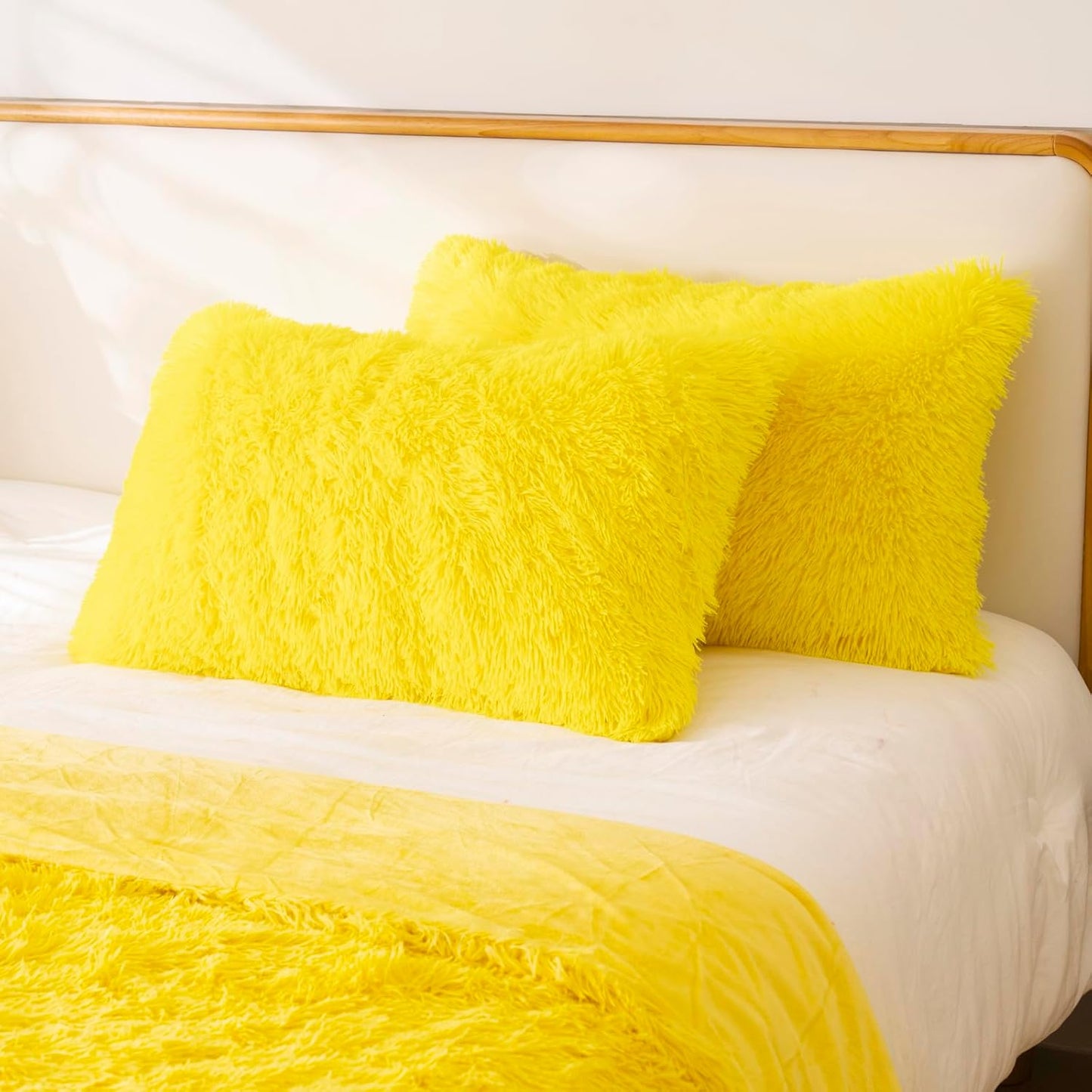 Faux Fur Fluffy Fuzzy Plush Yellow Pillow Case Set of 2, Soft Decorative Pillow Covers for Bed, Bedroom, Living Room, Zipper Closure, Standard Size (20"x26", Yellow)
