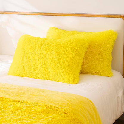 Faux Fur Fluffy Fuzzy Plush Yellow Pillow Case Set of 2, Soft Decorative Pillow Covers for Bed, Bedroom, Living Room, Zipper Closure, Standard Size (20"x26", Yellow)