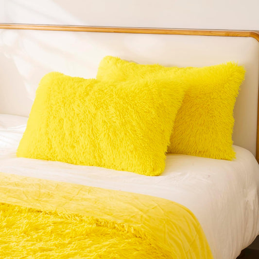 Faux Fur Fluffy Fuzzy Plush Yellow Pillow Case Set of 2, Soft Decorative Pillow Covers for Bed, Bedroom, Living Room, Zipper Closure, Standard Size (20"x26", Yellow)