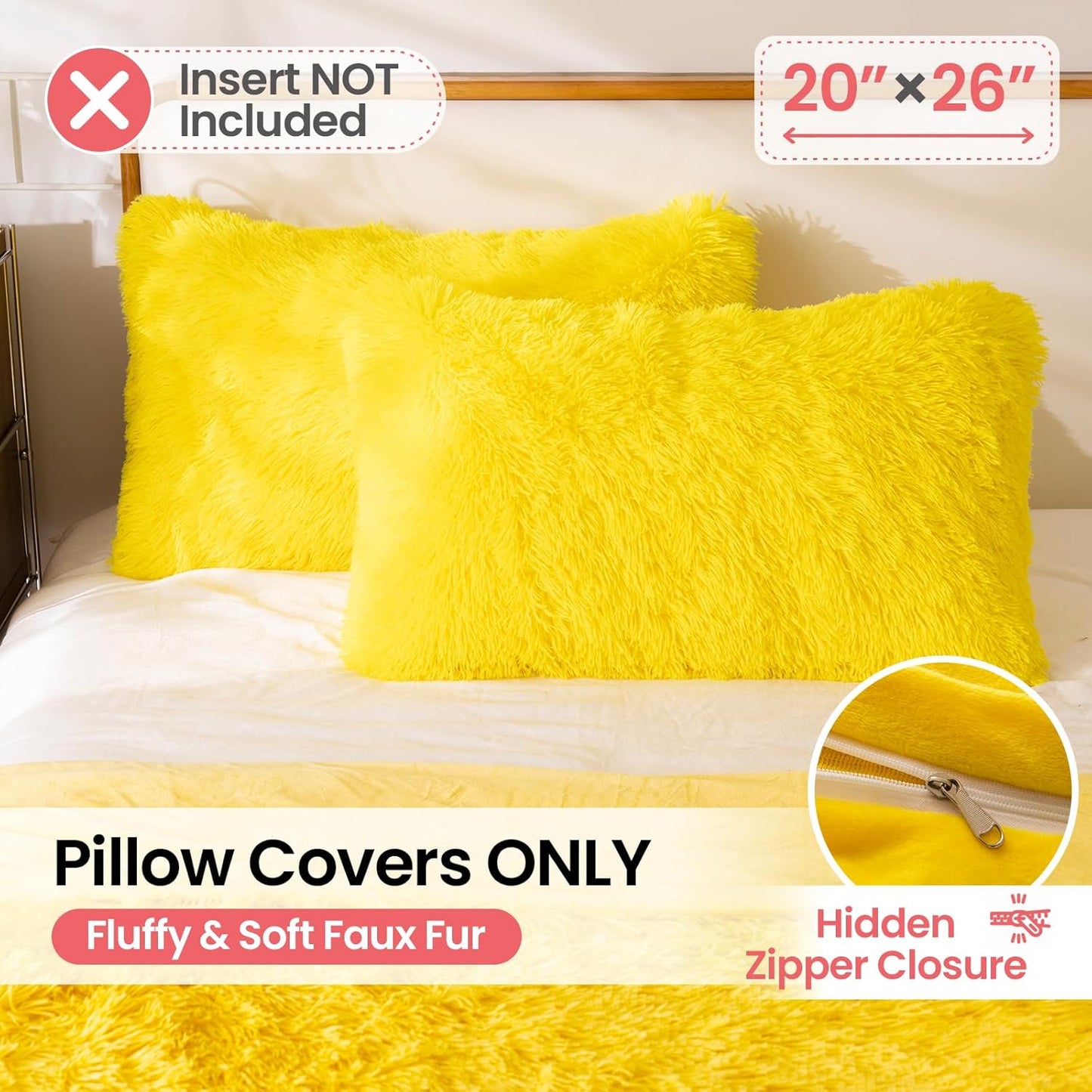 Faux Fur Fluffy Fuzzy Plush Yellow Pillow Case Set of 2, Soft Decorative Pillow Covers for Bed, Bedroom, Living Room, Zipper Closure, Standard Size (20"x26", Yellow)