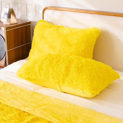 Faux Fur Fluffy Fuzzy Plush Yellow Pillow Case Set of 2, Soft Decorative Pillow Covers for Bed, Bedroom, Living Room, Zipper Closure, Standard Size (20"x26", Yellow)
