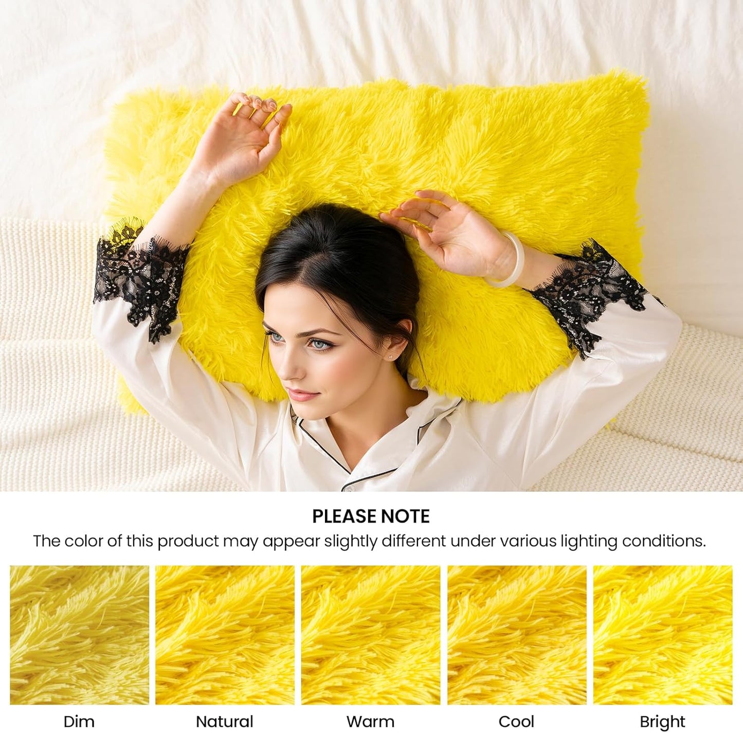 Faux Fur Fluffy Fuzzy Plush Yellow Pillow Case Set of 2, Soft Decorative Pillow Covers for Bed, Bedroom, Living Room, Zipper Closure, Standard Size (20"x26", Yellow)