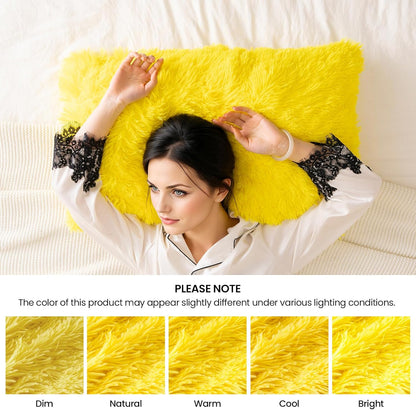 Faux Fur Fluffy Fuzzy Plush Yellow Pillow Case Set of 2, Soft Decorative Pillow Covers for Bed, Bedroom, Living Room, Zipper Closure, Standard Size (20"x26", Yellow)