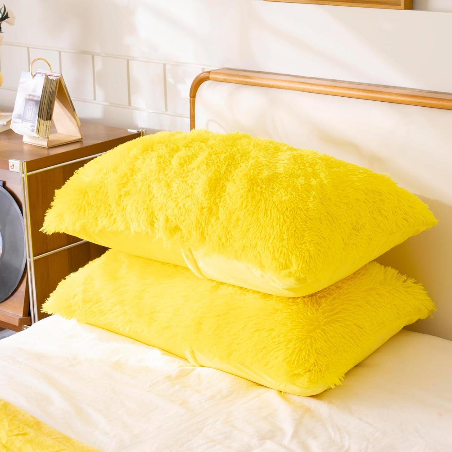Faux Fur Fluffy Fuzzy Plush Yellow Pillow Case Set of 2, Soft Decorative Pillow Covers for Bed, Bedroom, Living Room, Zipper Closure, Standard Size (20"x26", Yellow)