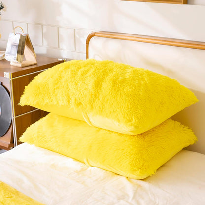 Faux Fur Fluffy Fuzzy Plush Yellow Pillow Case Set of 2, Soft Decorative Pillow Covers for Bed, Bedroom, Living Room, Zipper Closure, Standard Size (20"x26", Yellow)