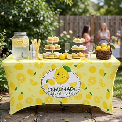 6ft Lemonade Tablecloth Stretch Table Cover Lemonade Stand Supplies for Standard Folding Tables Lemon Tablecloth Covers for Summer Birthday Party Lemon Table Decor