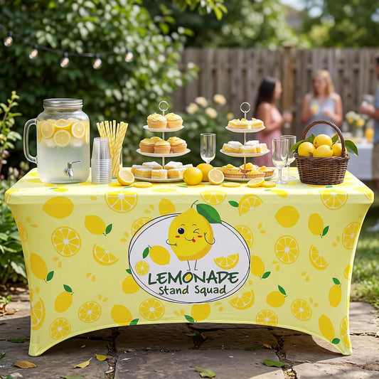 6ft Lemonade Tablecloth Stretch Table Cover Lemonade Stand Supplies for Standard Folding Tables Lemon Tablecloth Covers for Summer Birthday Party Lemon Table Decor