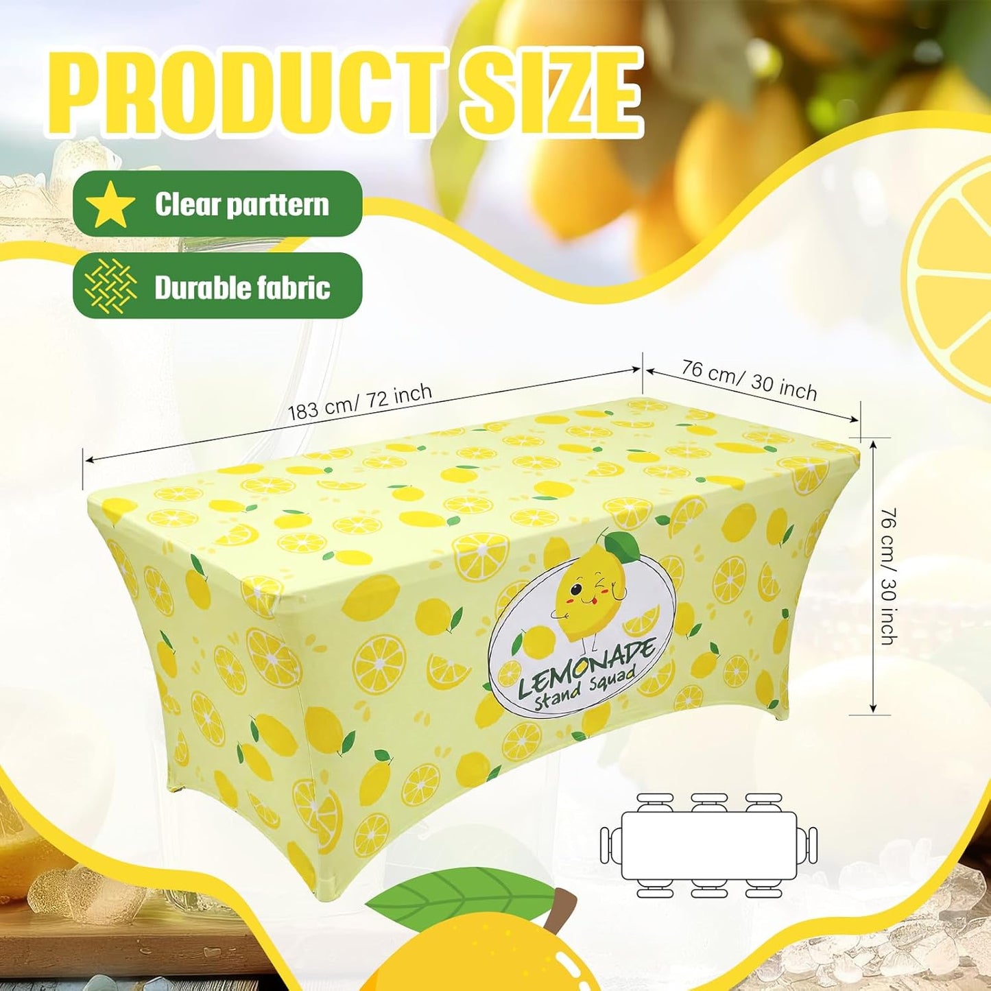 6ft Lemonade Tablecloth Stretch Table Cover Lemonade Stand Supplies for Standard Folding Tables Lemon Tablecloth Covers for Summer Birthday Party Lemon Table Decor