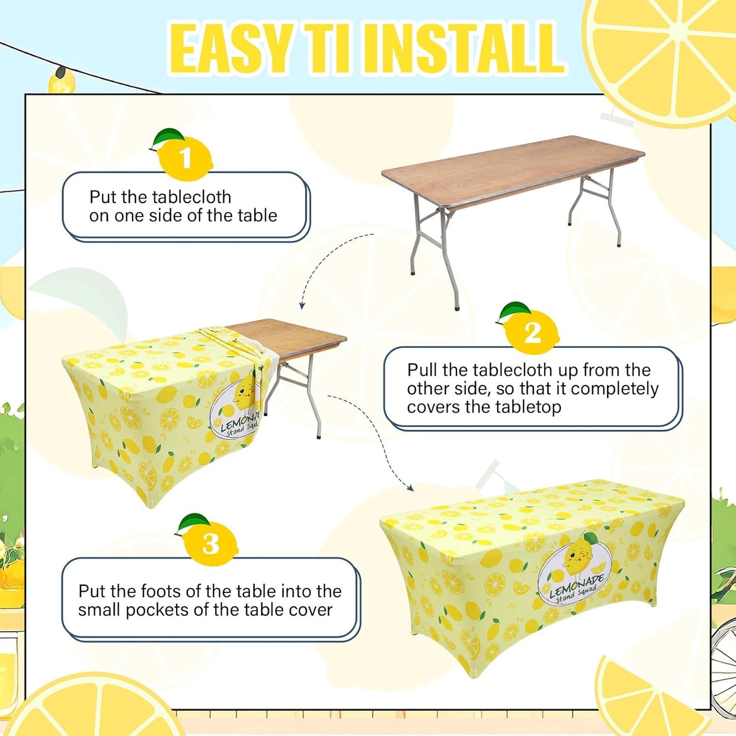 6ft Lemonade Tablecloth Stretch Table Cover Lemonade Stand Supplies for Standard Folding Tables Lemon Tablecloth Covers for Summer Birthday Party Lemon Table Decor