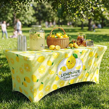 6ft Lemonade Tablecloth Stretch Table Cover Lemonade Stand Supplies for Standard Folding Tables Lemon Tablecloth Covers for Summer Birthday Party Lemon Table Decor