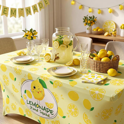 6ft Lemonade Tablecloth Stretch Table Cover Lemonade Stand Supplies for Standard Folding Tables Lemon Tablecloth Covers for Summer Birthday Party Lemon Table Decor