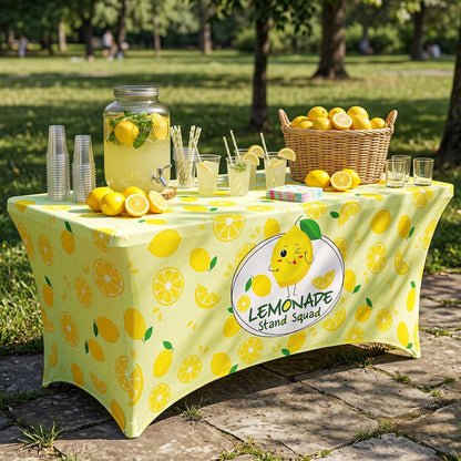 6ft Lemonade Tablecloth Stretch Table Cover Lemonade Stand Supplies for Standard Folding Tables Lemon Tablecloth Covers for Summer Birthday Party Lemon Table Decor