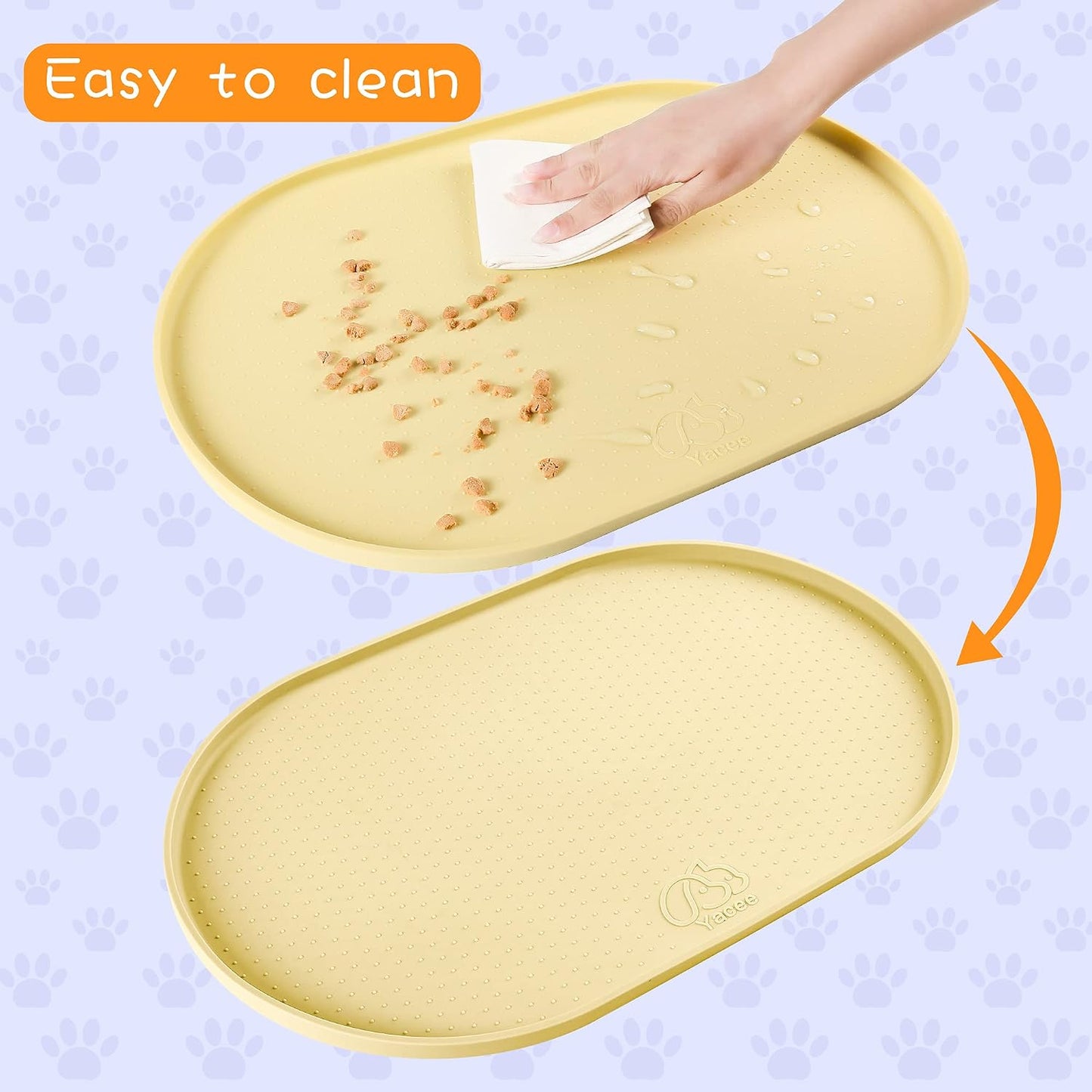 100% Waterproof 0.5" Raised Edge BPA Free Silicone Dog Food Mat, Pet Cat Feeding Mats Contain Spills Protects Floors, Placemats for Cats and Dogs Water Bowl Dishwasher.(Small, Yellow)