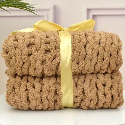 Chunky Knit Blanket Hand Knitted Soft Chenille Throw Blanket Chunky Knit Throw Blanket Cozy and Warm Cable Knit Blanket for Couch, Sofa, Bed, Home Decor,Earthy Yellow,50x50cm