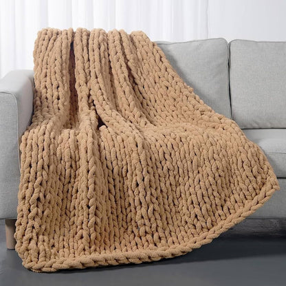 Chunky Knit Blanket Hand Knitted Soft Chenille Throw Blanket Chunky Knit Throw Blanket Cozy and Warm Cable Knit Blanket for Couch, Sofa, Bed, Home Decor,Earthy Yellow,50x50cm