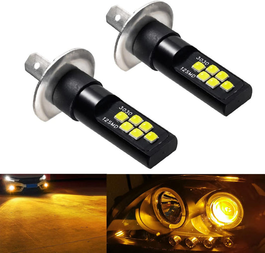 2x H1 LED Fog Light Bulb for Powersports Advanced 3030 SMD Bright Colorful Daytime Running DRL Lamp, Amber Yellow