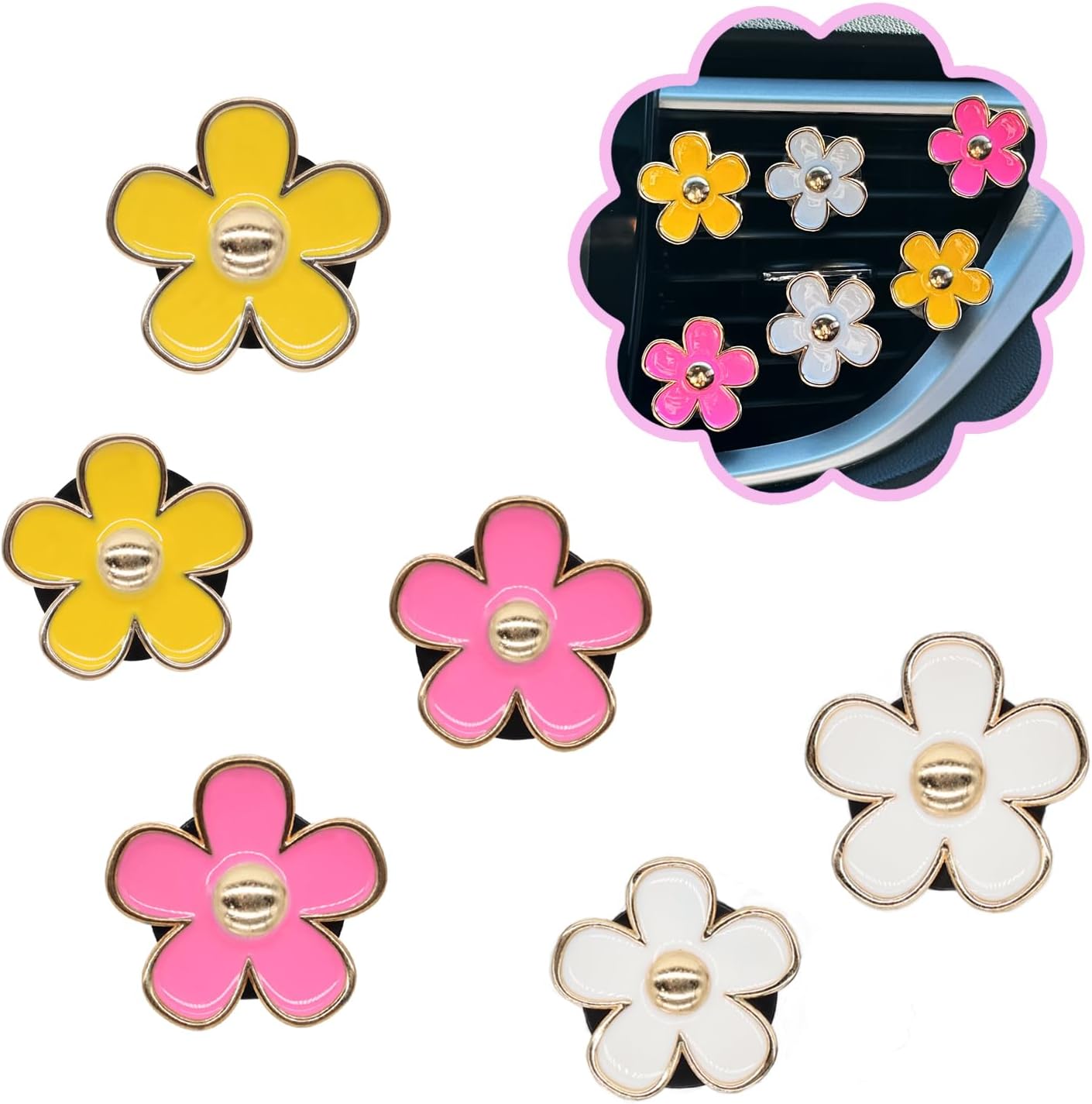 ORIESSE 6pcs Daisy Car Air Freshener Vent Clips,Flower Car Accessories | 2 Pink 2 Yellow 2 White Flowers Air Vent Clips,Car Decor for Women,3.3cm/3cm Flower Girly Refillable Diffuser,With Felt Pads