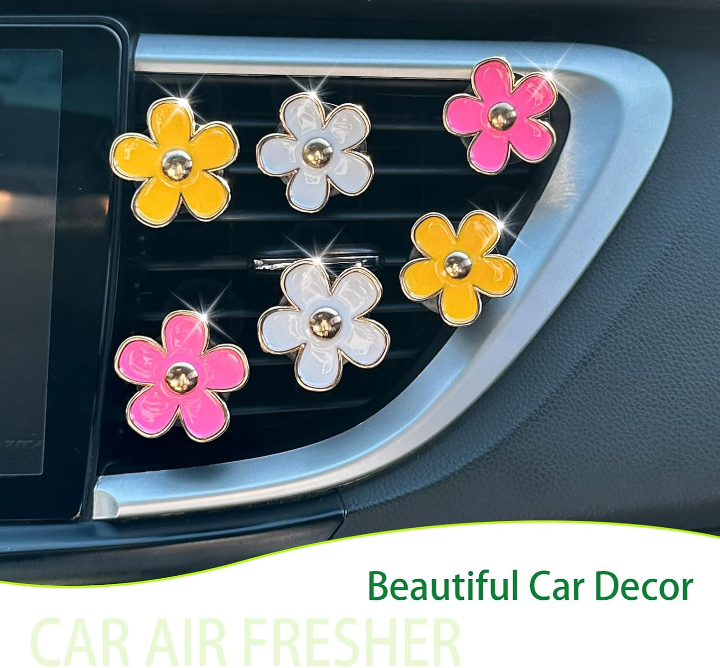 ORIESSE 6pcs Daisy Car Air Freshener Vent Clips,Flower Car Accessories | 2 Pink 2 Yellow 2 White Flowers Air Vent Clips,Car Decor for Women,3.3cm/3cm Flower Girly Refillable Diffuser,With Felt Pads