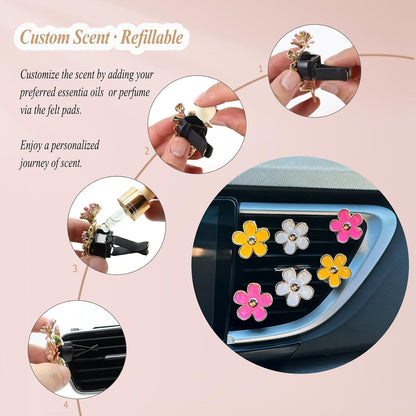 ORIESSE 6pcs Daisy Car Air Freshener Vent Clips,Flower Car Accessories | 2 Pink 2 Yellow 2 White Flowers Air Vent Clips,Car Decor for Women,3.3cm/3cm Flower Girly Refillable Diffuser,With Felt Pads