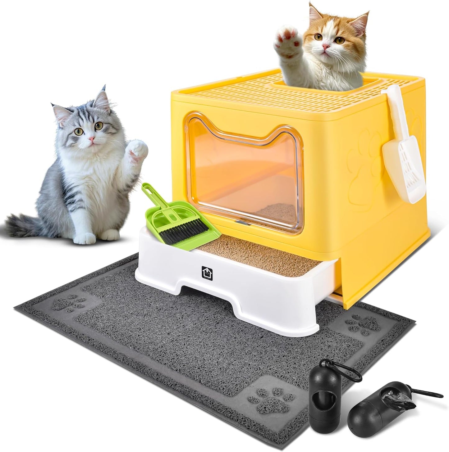 Covered Cat Litter Box, Extra Large Drawer Design with Dual Entry, Yellow | 13L litter capacity, adjustable door, leakproof structure, cleaning accessories, complimentary cat litter mat