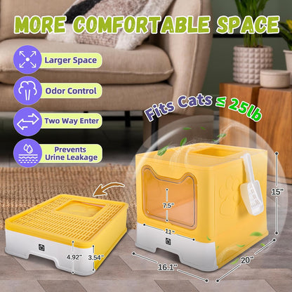 Covered Cat Litter Box, Extra Large Drawer Design with Dual Entry, Yellow | 13L litter capacity, adjustable door, leakproof structure, cleaning accessories, complimentary cat litter mat