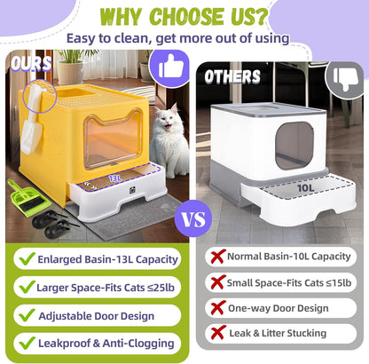 Covered Cat Litter Box, Extra Large Drawer Design with Dual Entry, Yellow | 13L litter capacity, adjustable door, leakproof structure, cleaning accessories, complimentary cat litter mat