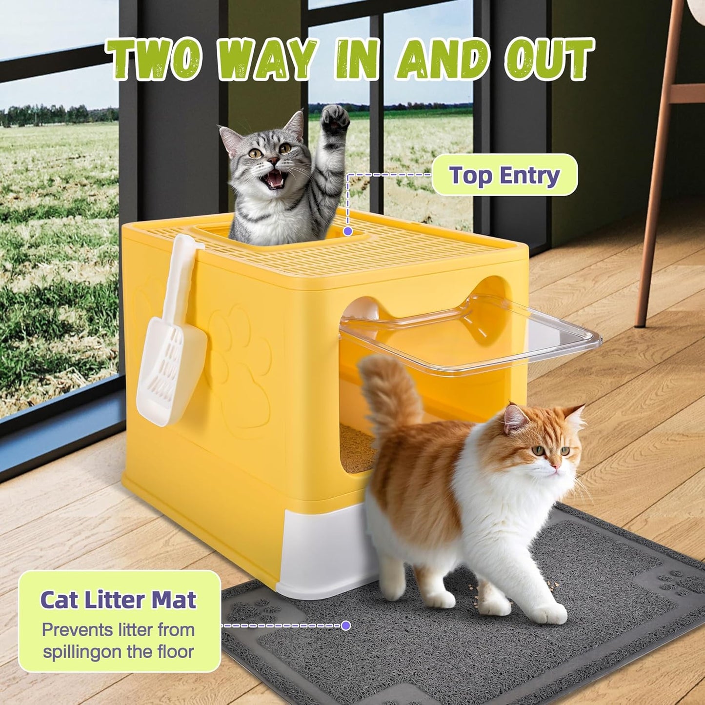 Covered Cat Litter Box, Extra Large Drawer Design with Dual Entry, Yellow | 13L litter capacity, adjustable door, leakproof structure, cleaning accessories, complimentary cat litter mat