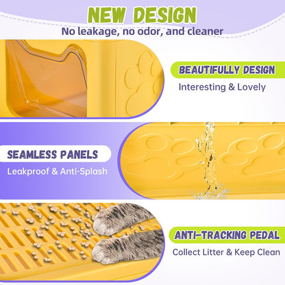 Covered Cat Litter Box, Extra Large Drawer Design with Dual Entry, Yellow | 13L litter capacity, adjustable door, leakproof structure, cleaning accessories, complimentary cat litter mat