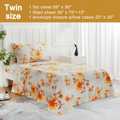 Rustic Yellow Floral Printed Twin Sheet Set Extra Deep Pocket | 3 Piece Soft Botanical Microfiber Sheets, OEKO-TEX Certified, Easy Care