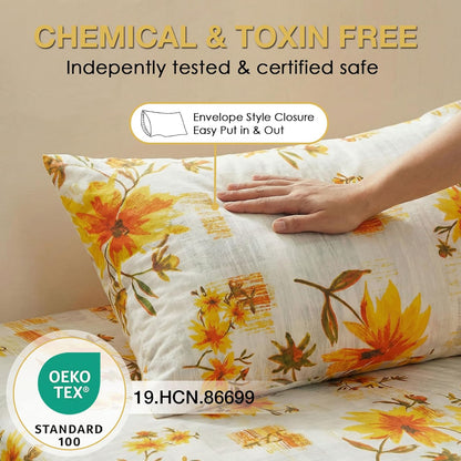 Rustic Yellow Floral Printed Twin Sheet Set Extra Deep Pocket | 3 Piece Soft Botanical Microfiber Sheets, OEKO-TEX Certified, Easy Care