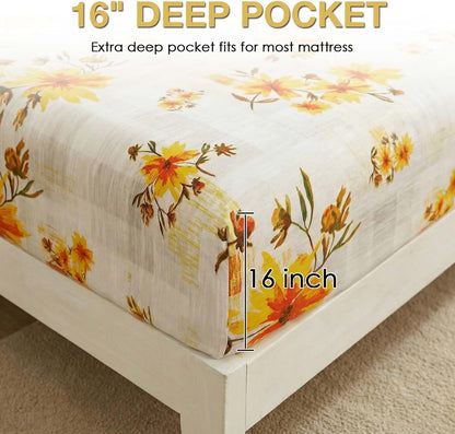 Rustic Yellow Floral Printed Twin Sheet Set Extra Deep Pocket | 3 Piece Soft Botanical Microfiber Sheets, OEKO-TEX Certified, Easy Care