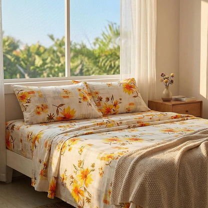 Rustic Yellow Floral Printed Twin Sheet Set Extra Deep Pocket | 3 Piece Soft Botanical Microfiber Sheets, OEKO-TEX Certified, Easy Care