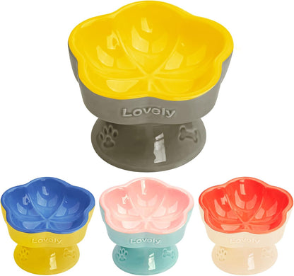 Raised Cat Bowl, Elevated Cat Bowl for Food and Water, Ceramic Titled Dish, Anti Vomit & Whisker Friendly, Microwave and Dishwasher Safe (Yellow, 5.8")