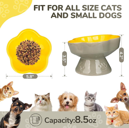 Raised Cat Bowl, Elevated Cat Bowl for Food and Water, Ceramic Titled Dish, Anti Vomit & Whisker Friendly, Microwave and Dishwasher Safe (Yellow, 5.8")