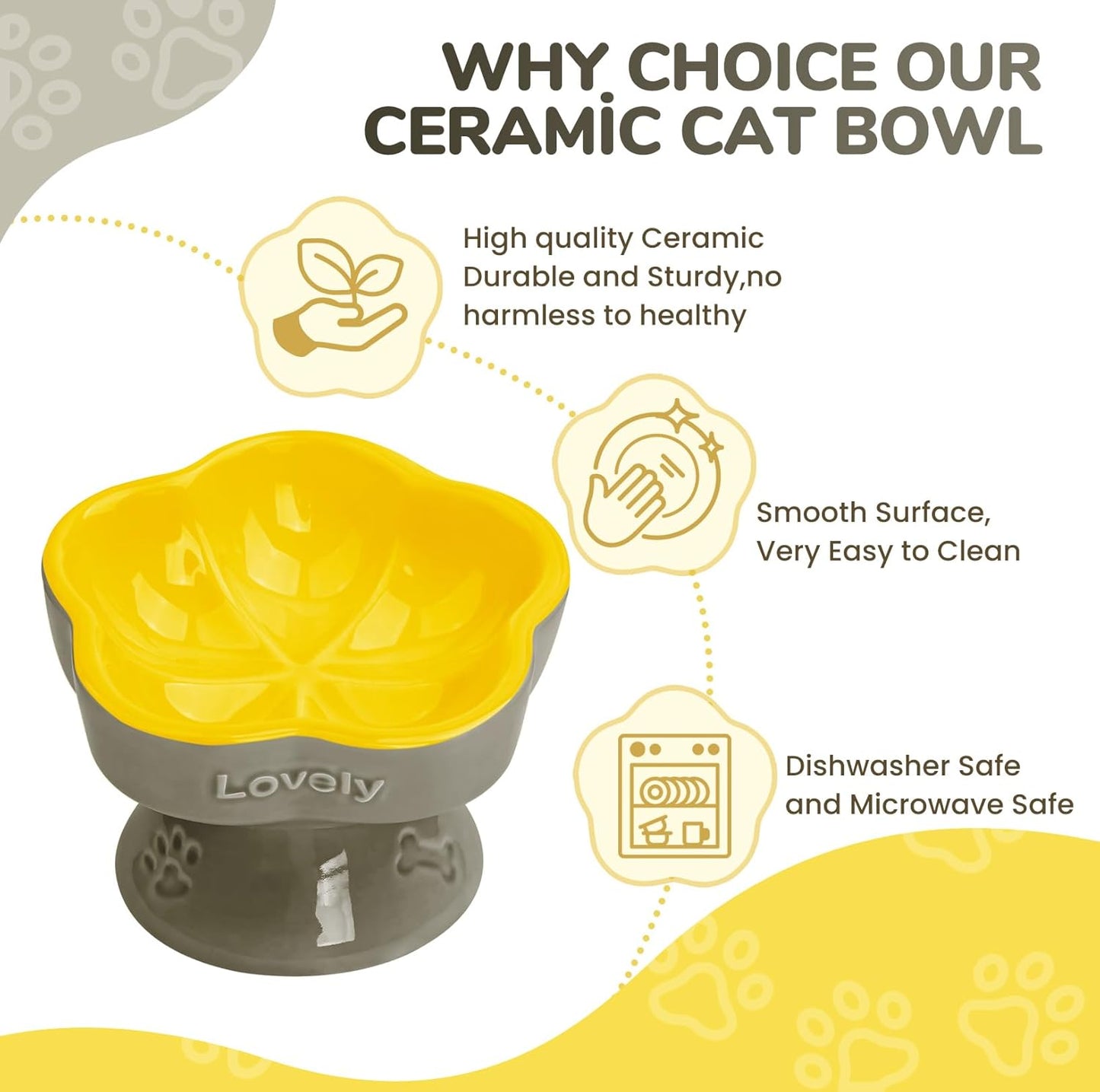Raised Cat Bowl, Elevated Cat Bowl for Food and Water, Ceramic Titled Dish, Anti Vomit & Whisker Friendly, Microwave and Dishwasher Safe (Yellow, 5.8")