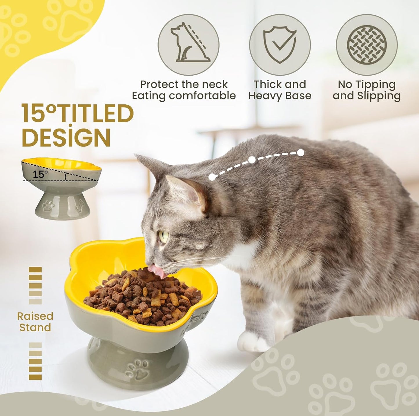 Raised Cat Bowl, Elevated Cat Bowl for Food and Water, Ceramic Titled Dish, Anti Vomit & Whisker Friendly, Microwave and Dishwasher Safe (Yellow, 5.8")