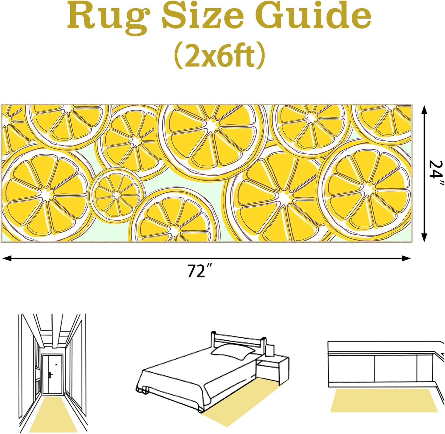 Washable Lemon Runner Rug 2x6 Yellow Lemons Rug with Non-Slip Backing Low Pile Runner Rugs for Kitchen Hallway Laundry Entryway Indoor 6ft