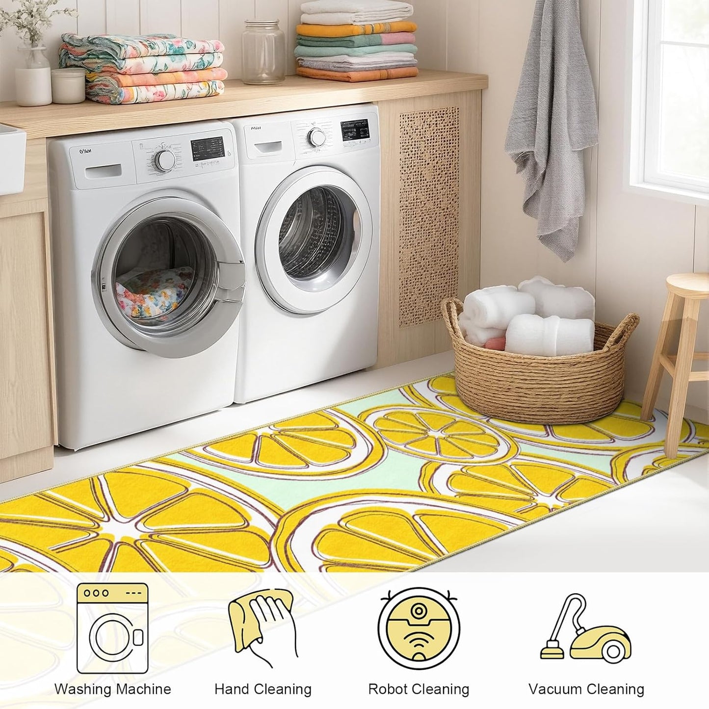 Washable Lemon Runner Rug 2x6 Yellow Lemons Rug with Non-Slip Backing Low Pile Runner Rugs for Kitchen Hallway Laundry Entryway Indoor 6ft