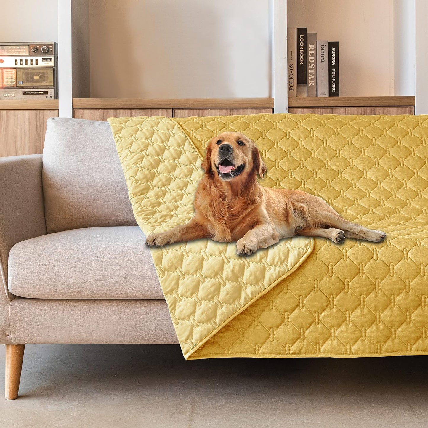 100% Double-Sided Waterproof Dog Bed Cover Pet Blanket Sofa Couch Furniture Protector for Puppy Large Dog Cat, Reversible (68x82 Inch (Pack of 1), Dark Yellow/Light Yellow)