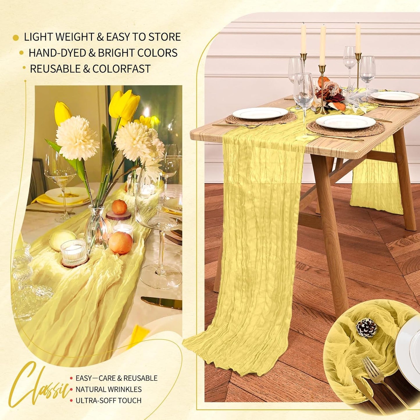 2 Pack Cheesecloth Table Runner 10FT Light Yellow Table Runner Boho Gauze Cheese Cloth Table Runners Long Rustic Sheer Table Decorations for Wedding Party Baby Bridal Shower Birthday Holiday Home