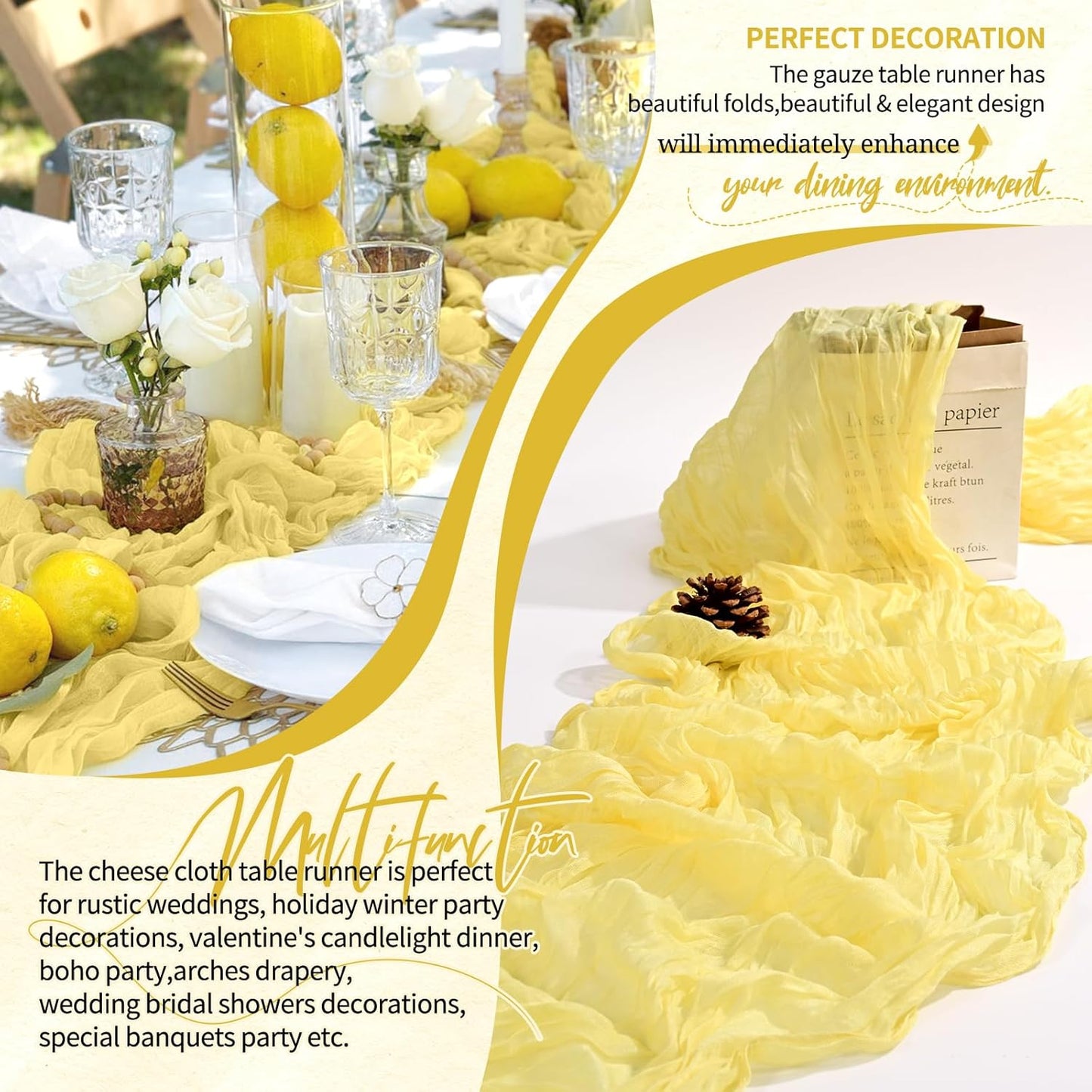 2 Pack Cheesecloth Table Runner 10FT Light Yellow Table Runner Boho Gauze Cheese Cloth Table Runners Long Rustic Sheer Table Decorations for Wedding Party Baby Bridal Shower Birthday Holiday Home