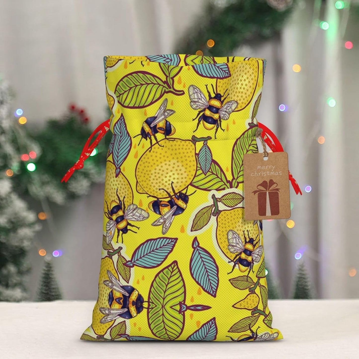 Yellow Lemon And Bee Print Cotton Linen Fabric Gift Bags Drawstring Gift Bags Christmas Burlap Candy Bags Packing Storage Bags Jewelry Pouch Candy Bags Christmas Party Supplies Decor