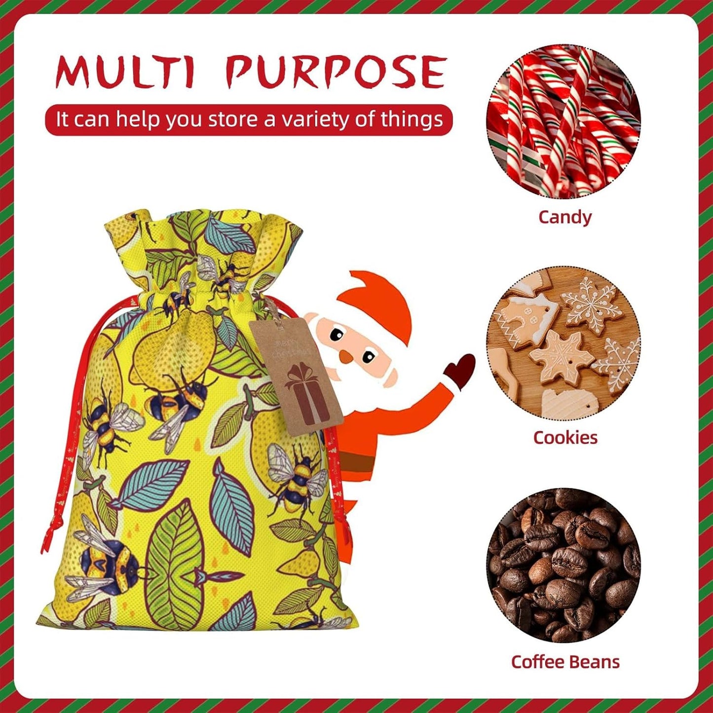 Yellow Lemon And Bee Print Cotton Linen Fabric Gift Bags Drawstring Gift Bags Christmas Burlap Candy Bags Packing Storage Bags Jewelry Pouch Candy Bags Christmas Party Supplies Decor