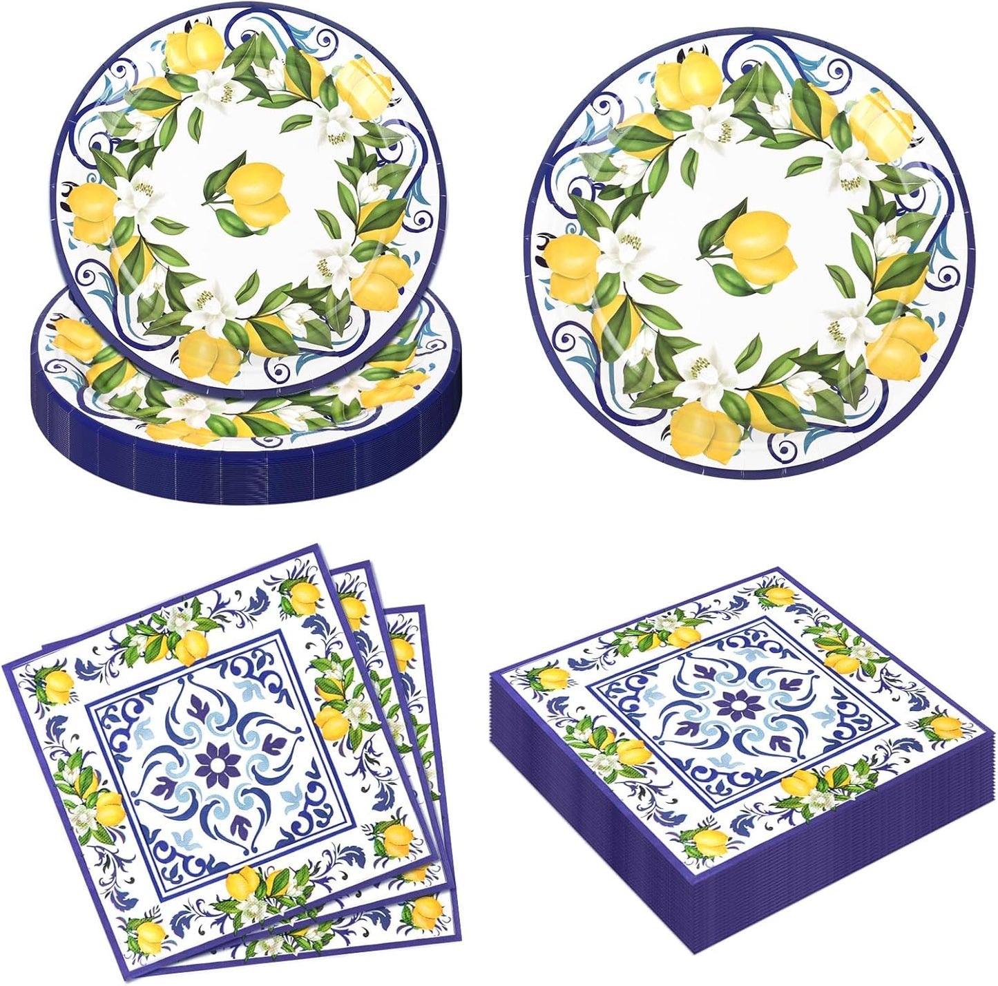 50PCS Lemon Paper Plates and Napkins Party Supplies Blue Lemon Disposable Tableware for Summer Party Yellow Lemons Party Plates Supplies for Birthday Wedding Baby Shower, Serves 25