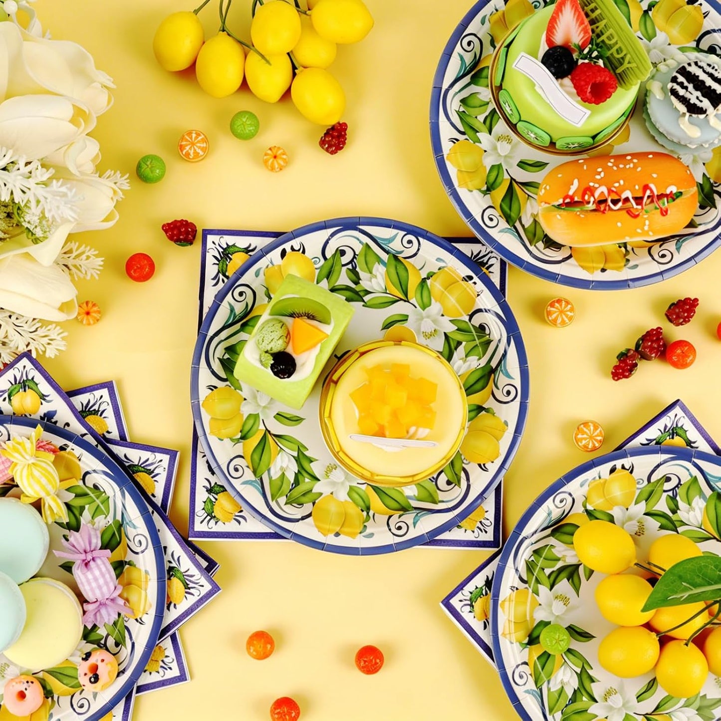 50PCS Lemon Paper Plates and Napkins Party Supplies Blue Lemon Disposable Tableware for Summer Party Yellow Lemons Party Plates Supplies for Birthday Wedding Baby Shower, Serves 25