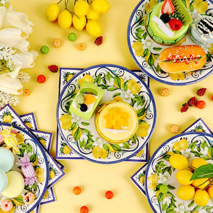 50PCS Lemon Paper Plates and Napkins Party Supplies Blue Lemon Disposable Tableware for Summer Party Yellow Lemons Party Plates Supplies for Birthday Wedding Baby Shower, Serves 25
