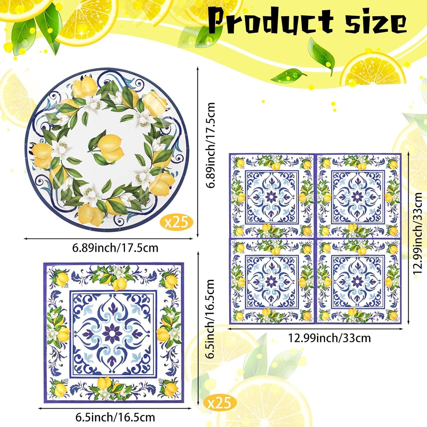 50PCS Lemon Paper Plates and Napkins Party Supplies Blue Lemon Disposable Tableware for Summer Party Yellow Lemons Party Plates Supplies for Birthday Wedding Baby Shower, Serves 25