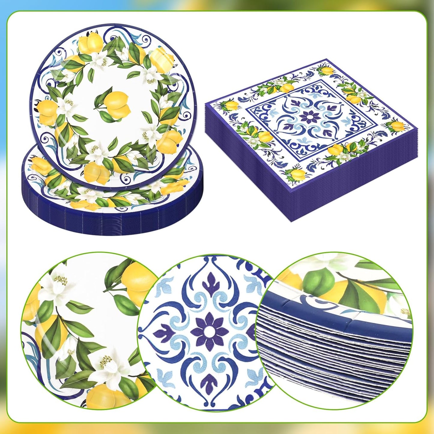 50PCS Lemon Paper Plates and Napkins Party Supplies Blue Lemon Disposable Tableware for Summer Party Yellow Lemons Party Plates Supplies for Birthday Wedding Baby Shower, Serves 25