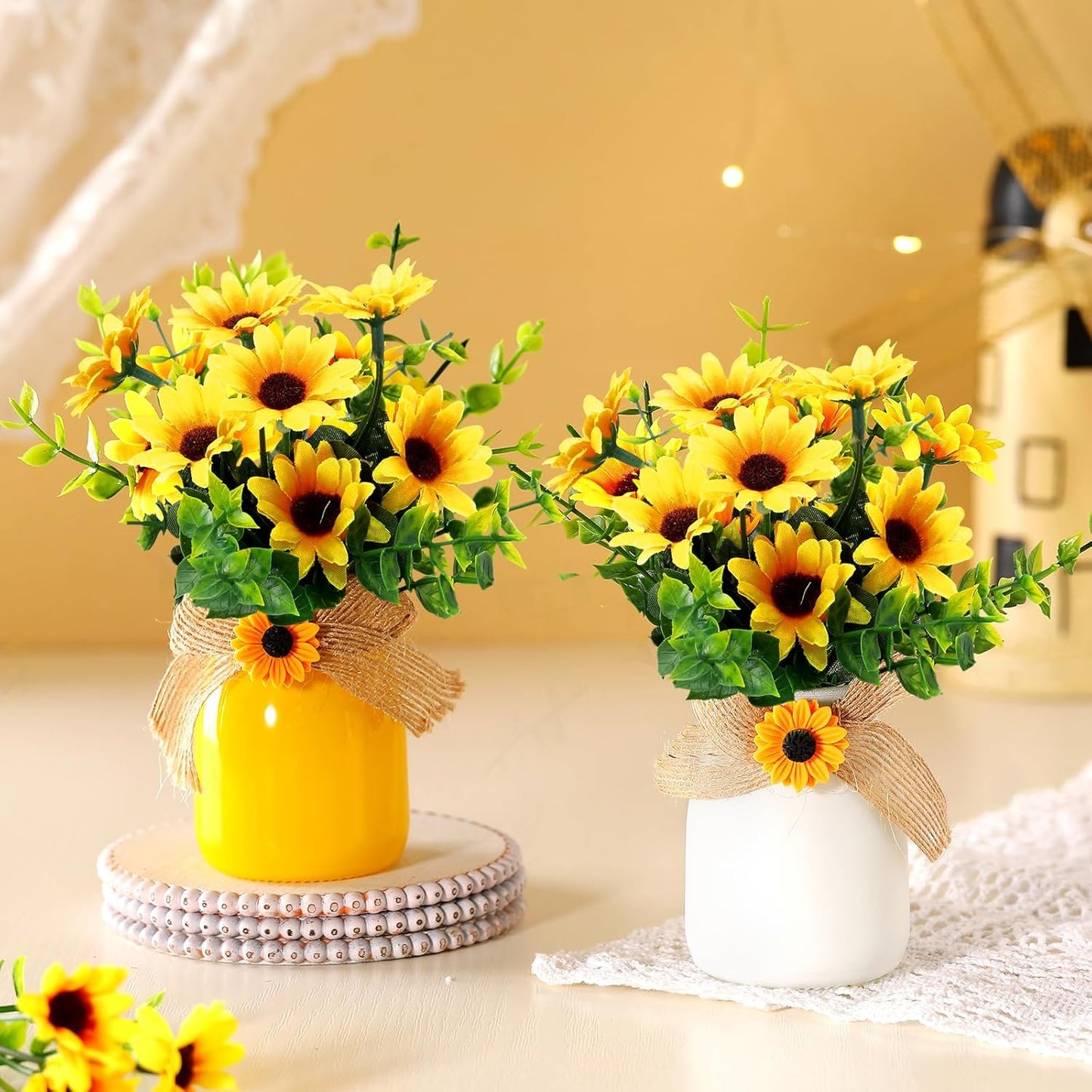 2 Pcs Artificial Fake Flowers in Vase Decorations Sunflower Table Centerpiece Decoration Summer-Sunflowers in Vase Cute Artificial Plant Decor for Summer Farmhouse Home Office Party Gift